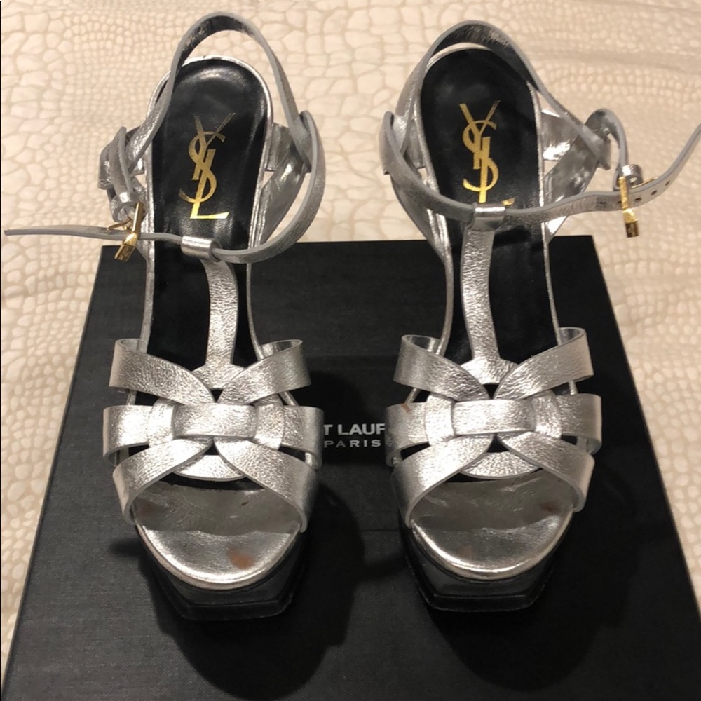 YSL Platform Tribute Sandals Size 36.5 In Silver